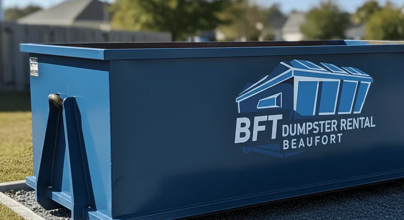 A small BFT roll-off dumpster staged on a residential street, ready to be filled