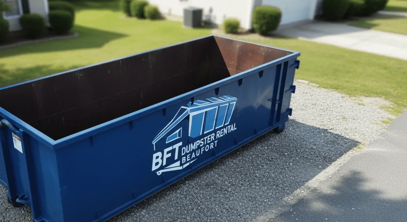 15 yard dumpster in Beaufort, SC An empty BFT roll-off dumpster staged on a residential driveway