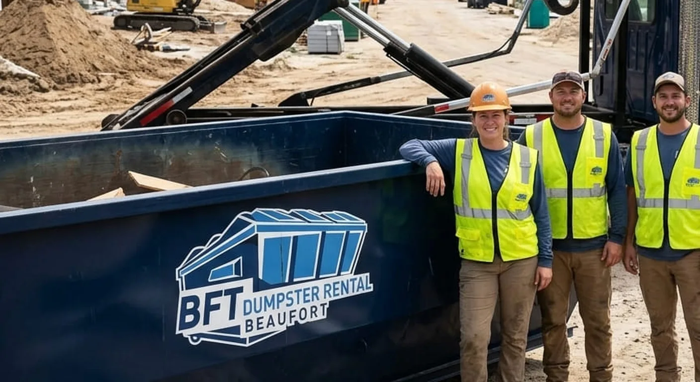 BFT crew members standing beside a roll-off dumpster at a job site