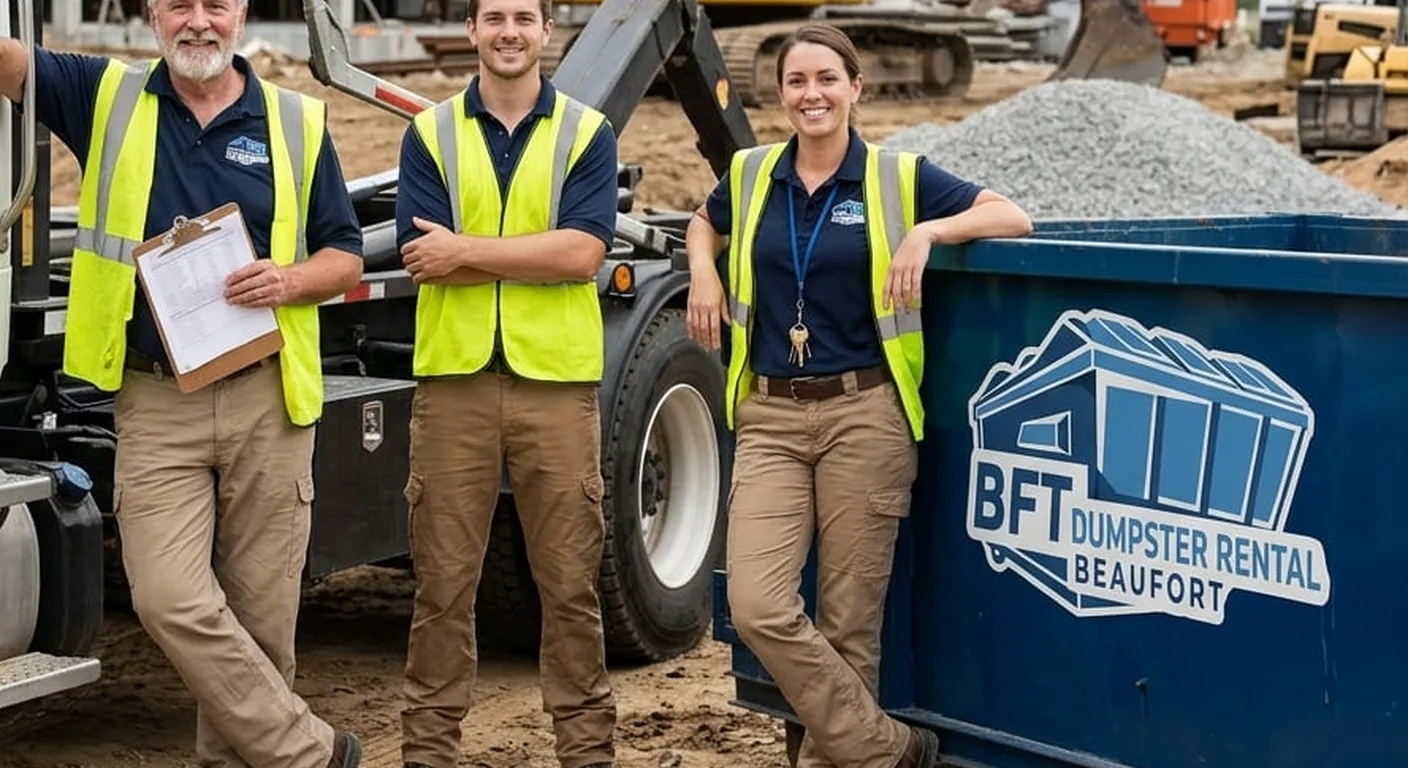 30 yard dumpster in Beaufort, SC A BFT crew including an experienced older crew member standing beside a roll-off dumpster and delivery truck