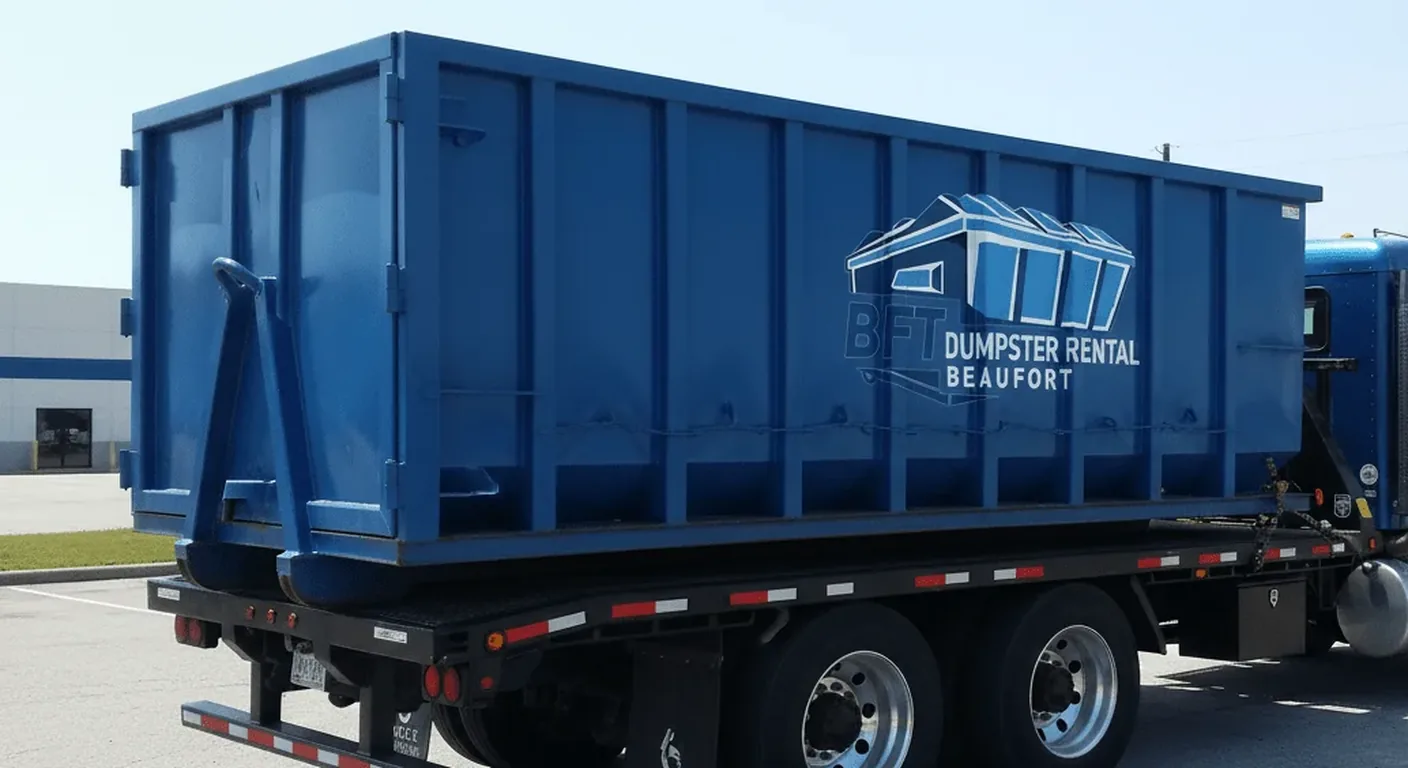 A large BFT roll-off dumpster loaded on a flatbed delivery truck