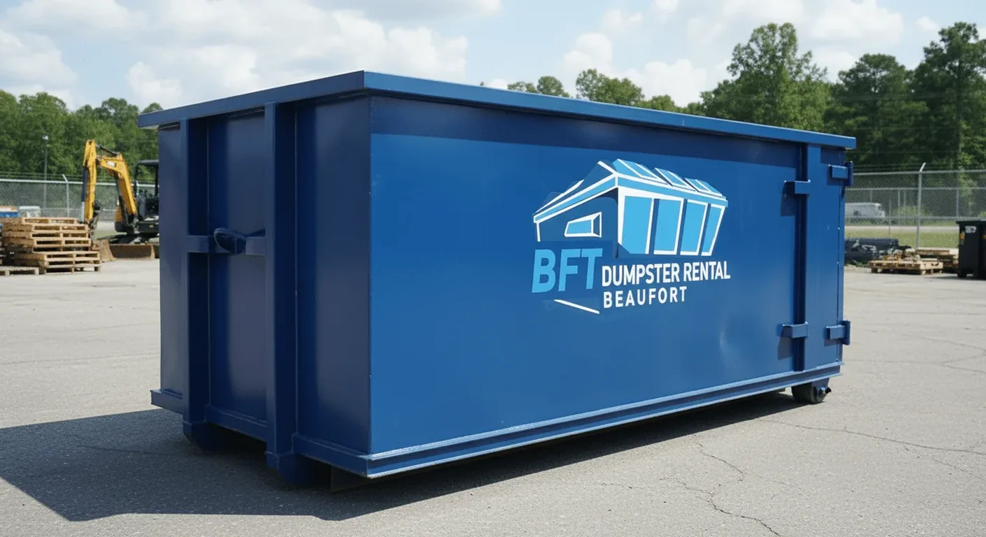 Commercial dumpster rental in Beaufort, SC A BFT roll-off dumpster staged in the company equipment yard alongside pallets and a loader