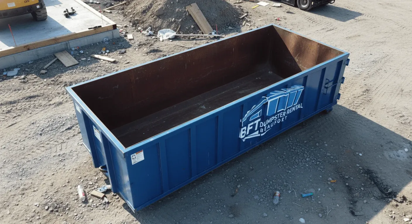 Concrete and heavy debris dumpster in Beaufort, SC An empty BFT roll-off dumpster staged beside a freshly poured concrete slab at a construction site