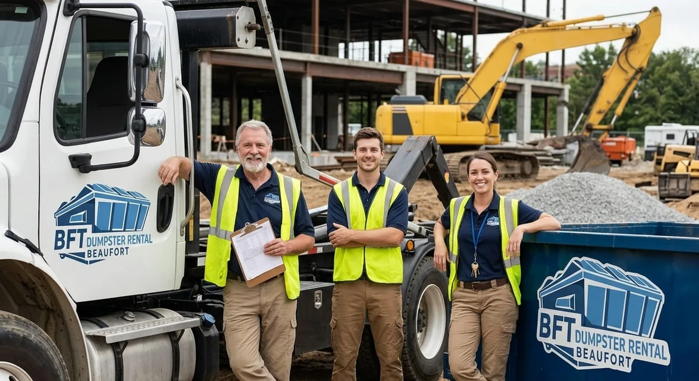 BFT crew members in safety vests beside a roll-off dumpster and delivery truck at a new-home construction site
