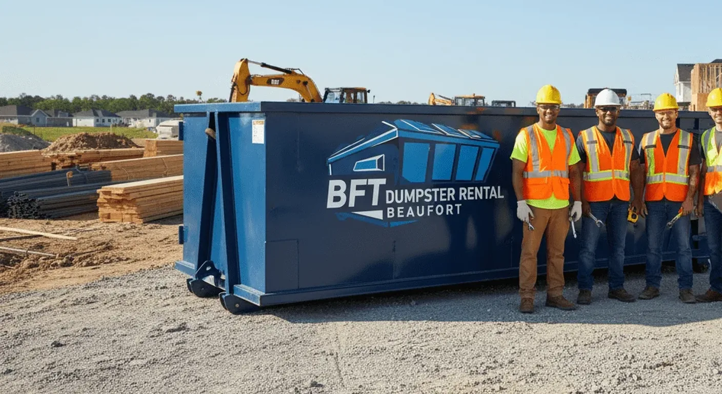 A BFT crew of five in hard hats and safety vests beside a roll-off dumpster at an active building site