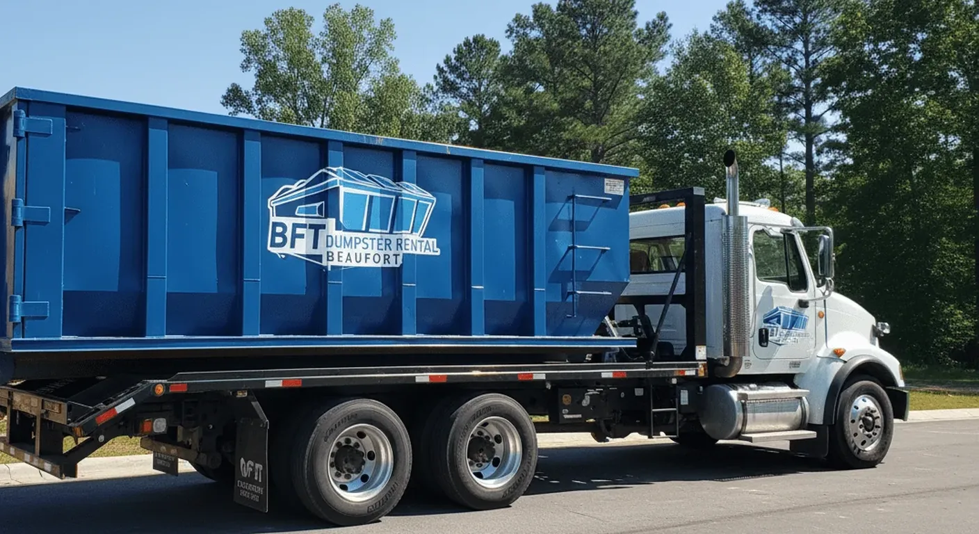 A BFT roll-off dumpster on a delivery truck at a residential construction site