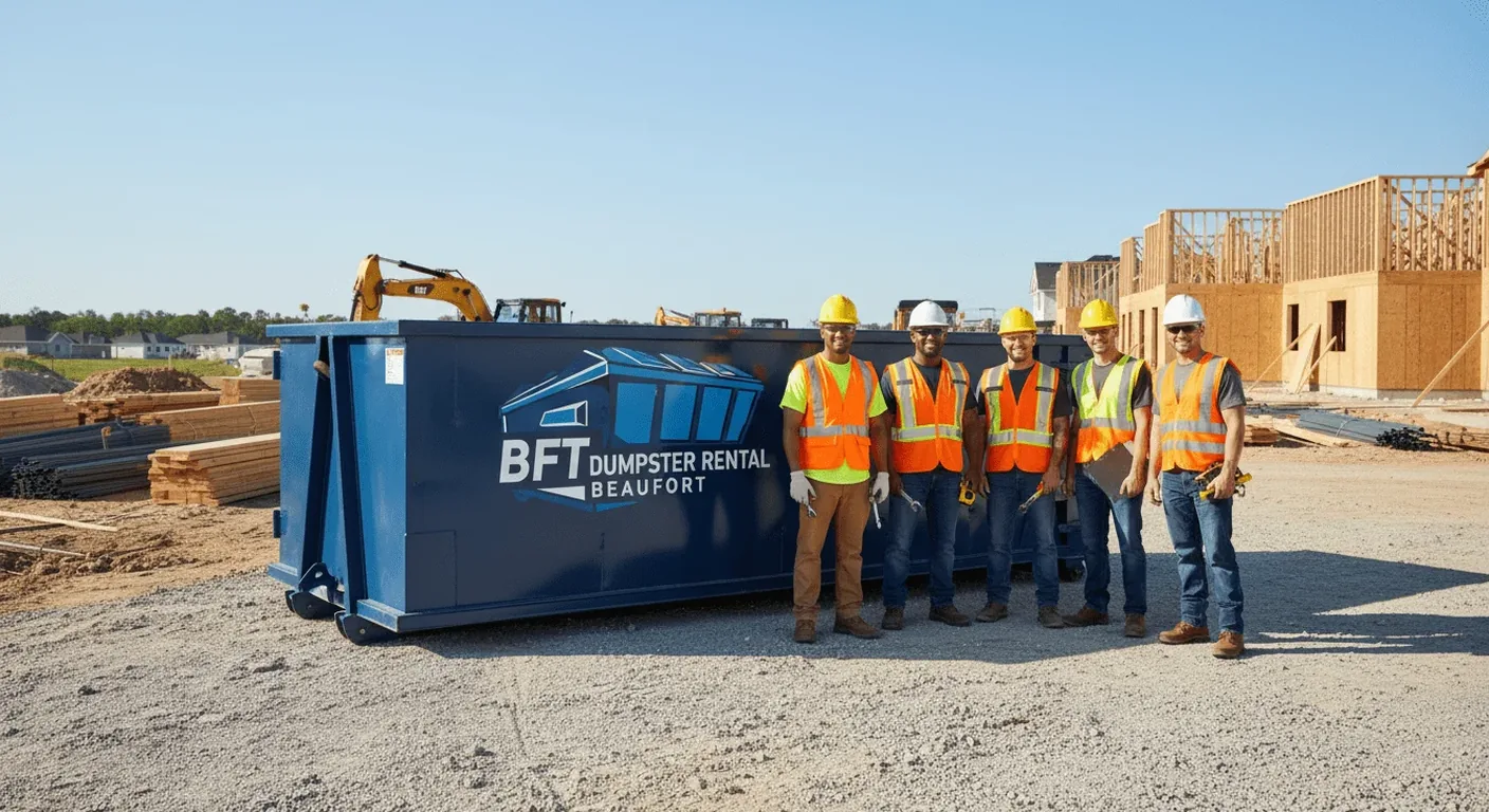The BFT Dumpster Rental Beaufort team standing together outside the company yard