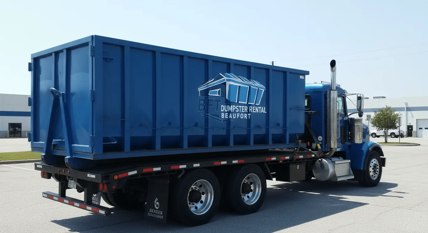 A BFT Dumpster Rental Beaufort roll-off container loaded on a flatbed delivery truck on a Beaufort-area road