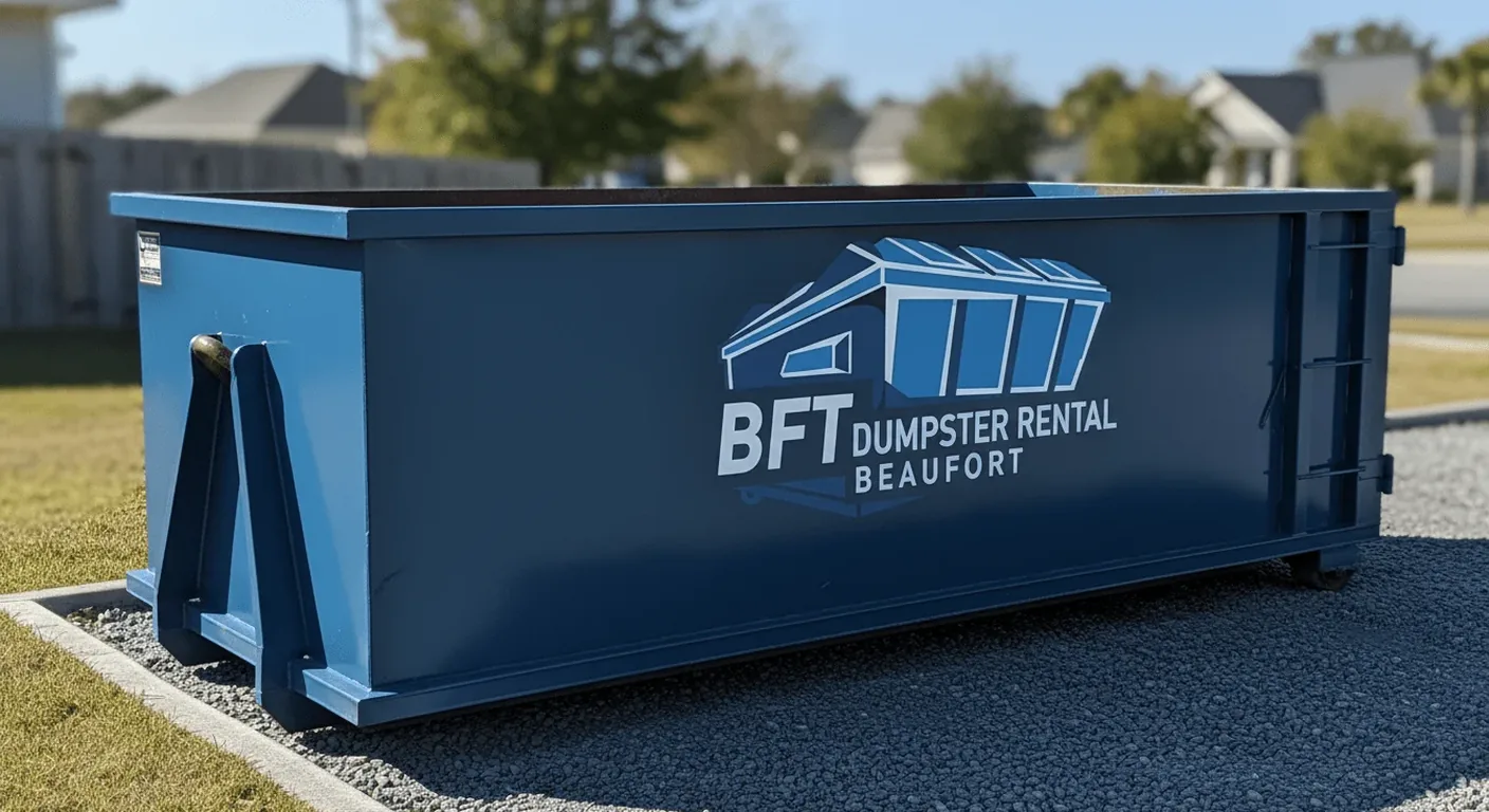 A BFT roll-off dumpster staged on a residential street in a Beaufort-area neighborhood