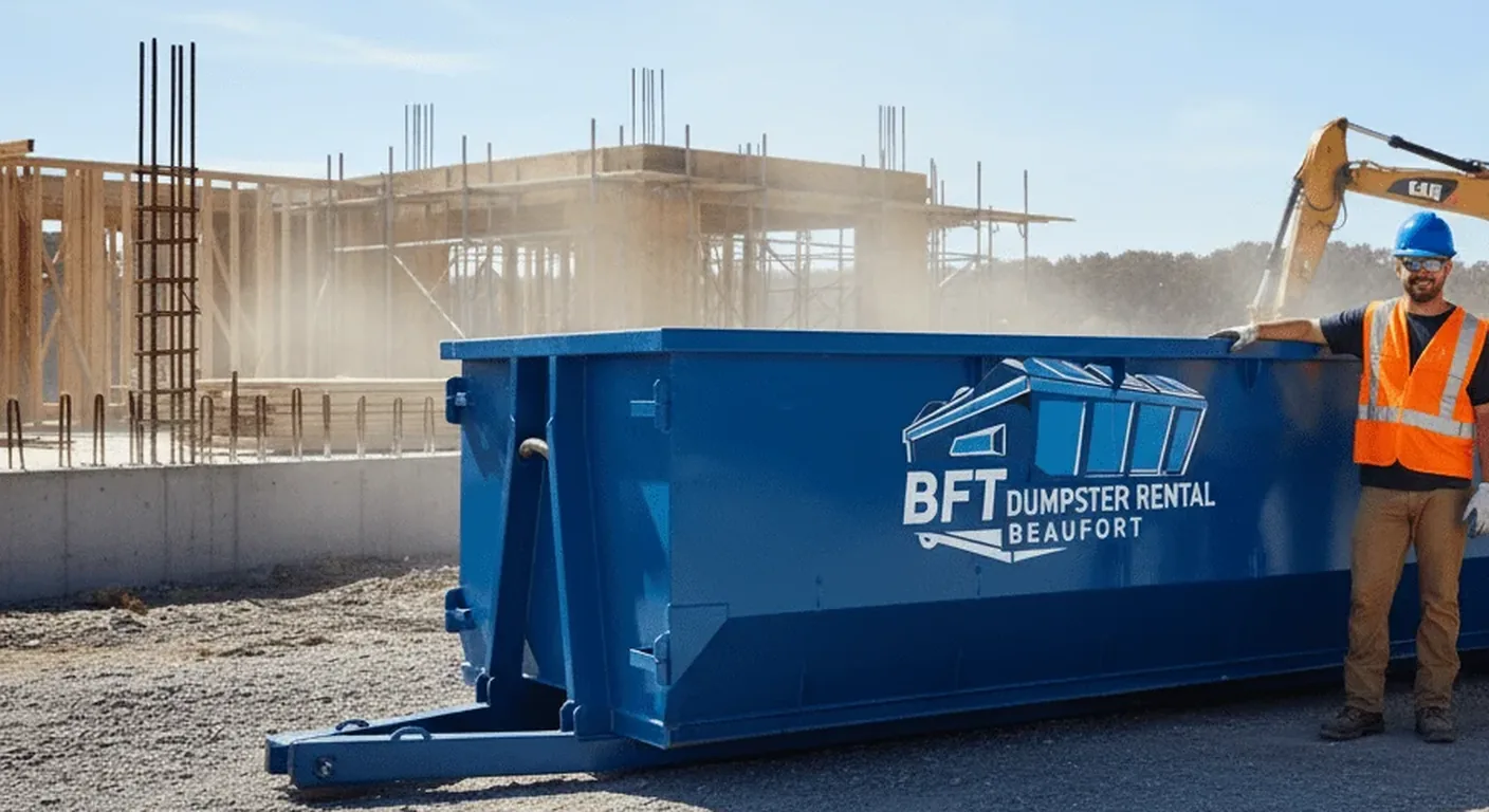 A BFT crew member in a hard hat and safety vest beside a roll-off dumpster at a job site