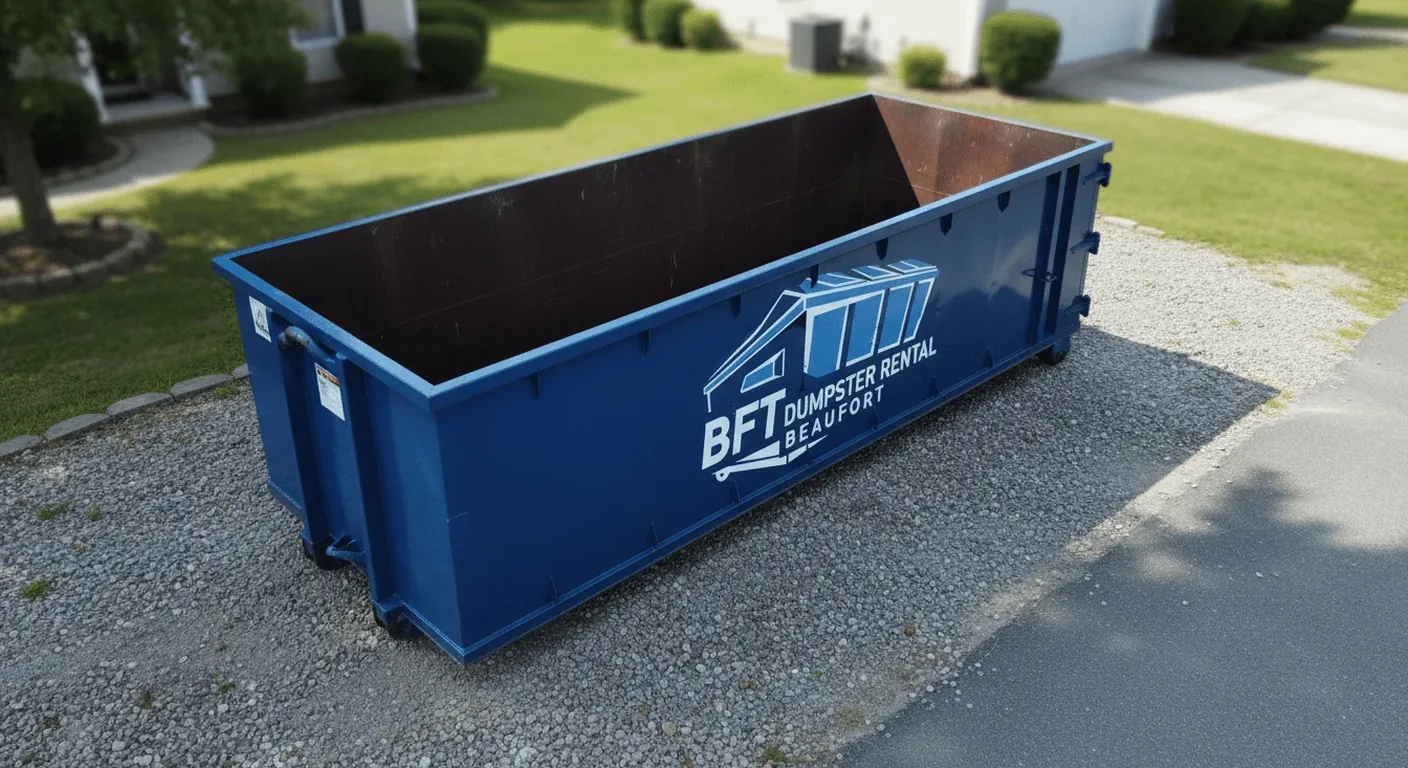 An empty BFT roll-off dumpster staged on a residential driveway in a Beaufort-area neighborhood