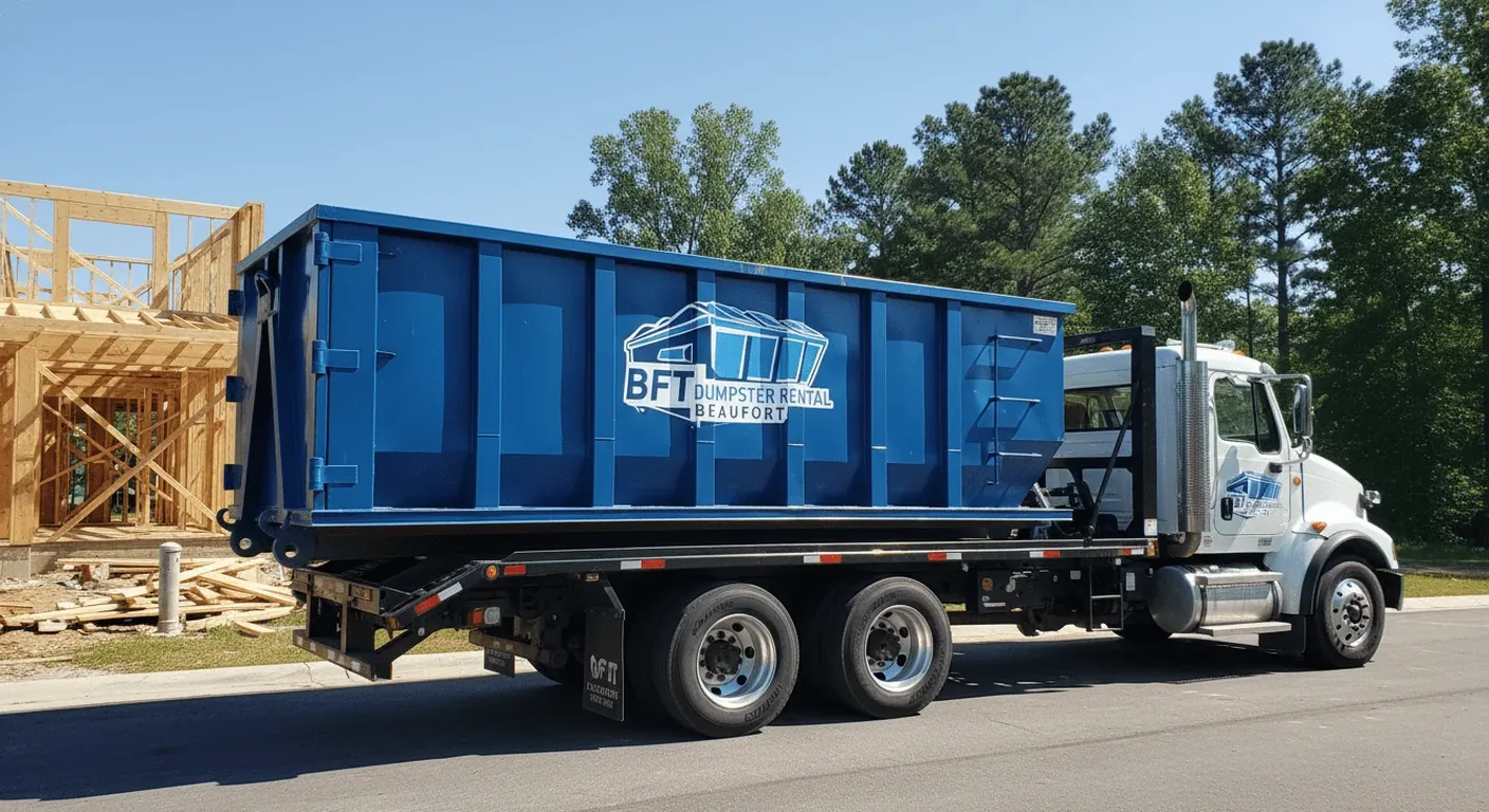 A BFT roll-off dumpster on a delivery truck at an active construction site