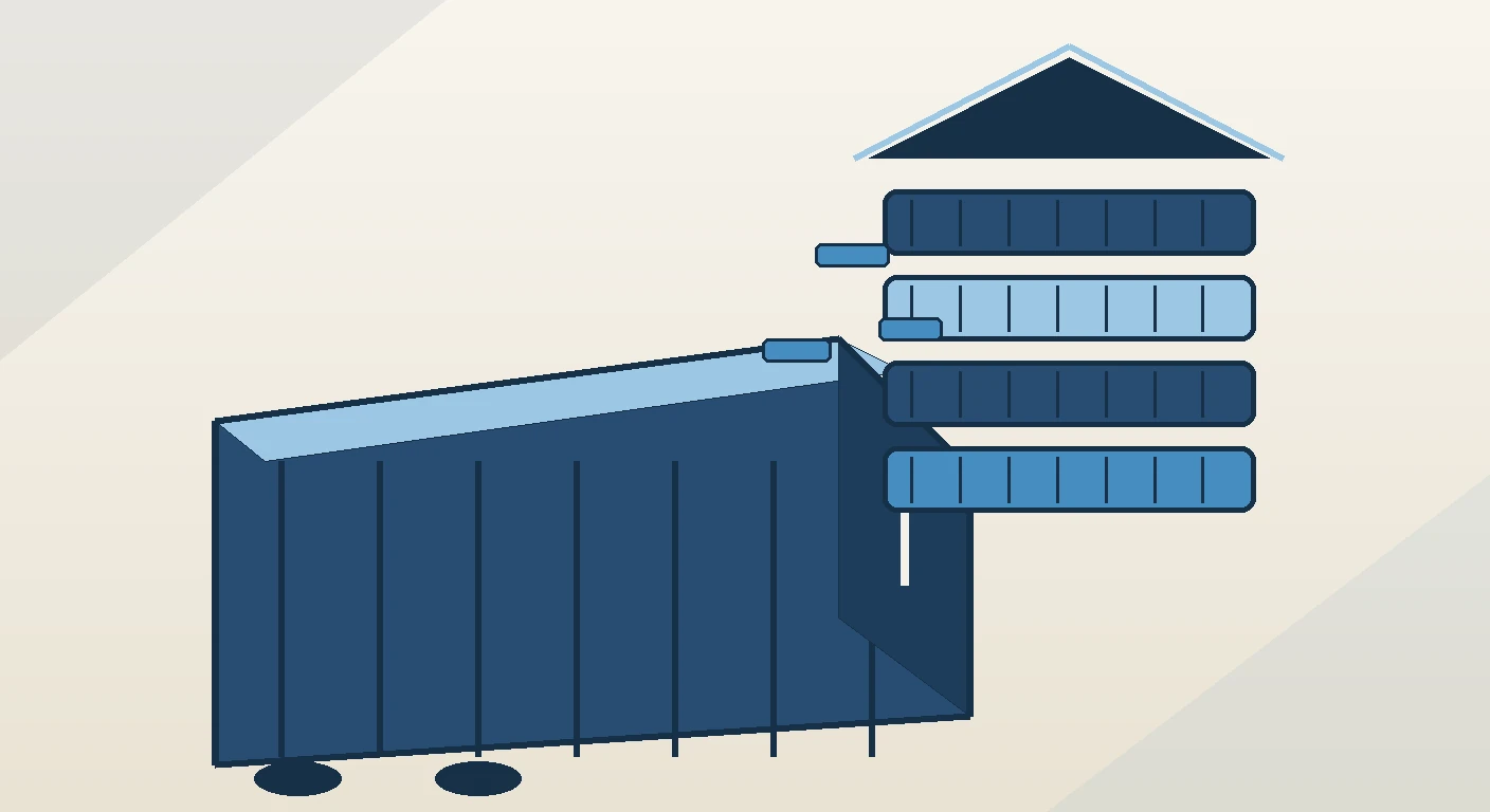 Illustration of a roll-off dumpster staged for a roofing tear-off project