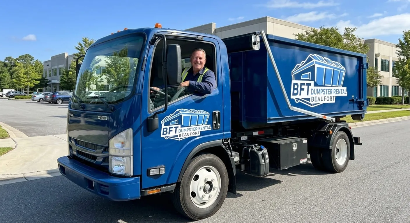 A smiling BFT driver in the cab of a company delivery truck with a roll-off dumpster loaded on back