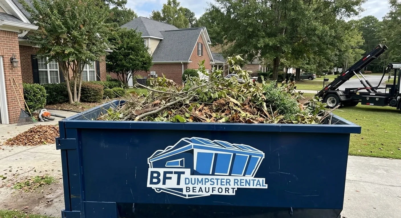 A BFT dumpster filled with branches and yard waste in a Beaufort-area driveway, with a rake and leaf blower nearby